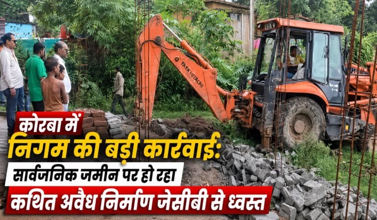 कोरबा में निगम की बड़ी कार्रवाई: सार्वजनिक जमीन पर हो रहा कथित अवैध निर्माण जेसीबी से ध्वस्त