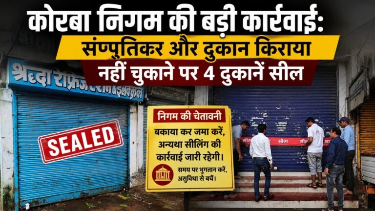 कोरबा निगम की बड़ी कार्रवाई: संपत्तिकर और दुकान किराया नहीं चुकाने पर 4 दुकानें सील